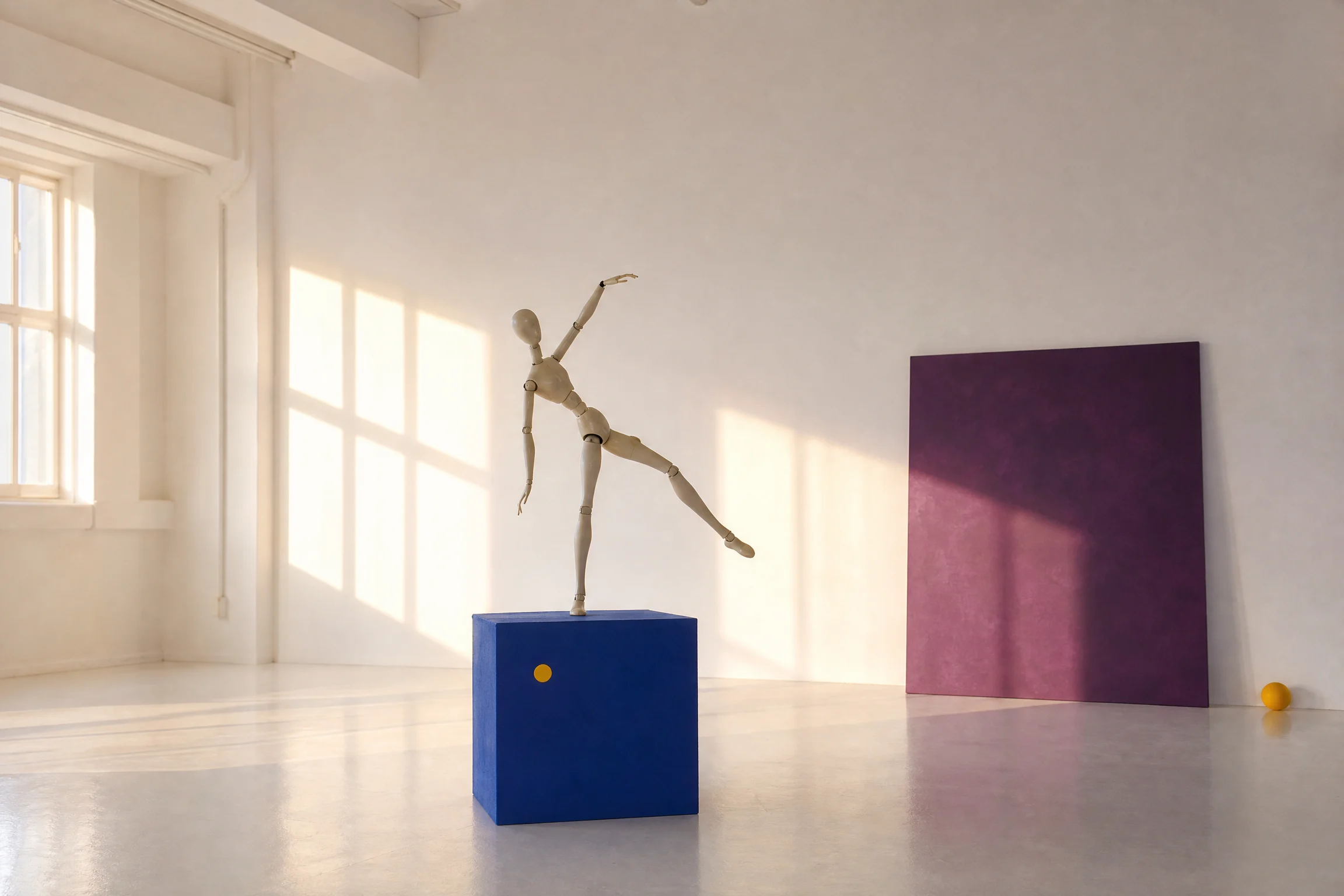 Character maquette on a blue plinth in late daylight